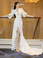 White Soft Satin Puffy Sleeves Wedding Party Dress, Beautiful White Prom Dress