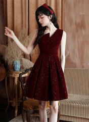 Wine Red Velvet Short Party Dress Homecoming Dress, Wine Red Bridesmaid Dress