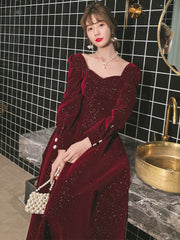 Wine Red Velvet Long Sleeves A-line Party Dress, Wine Red Long Formal Dress