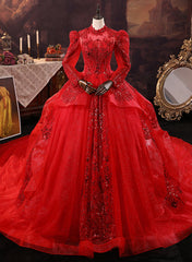Red Tulle Ball Gown Long Sleeves Sequins Wedding Party Dress, Red Tulle Formal Dress