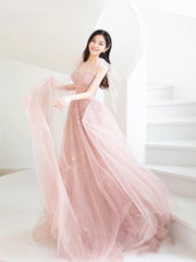 Bean pink tulle long prom dress, A line tulle formal evening dress