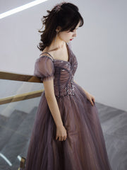 Beautiful Long Tulle Short Sleeves Beaded Junior Prom Dress, A-line Evening Dresses