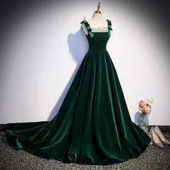 Dark Green Velvet Straps Long Formal Dress with Flowers, Green Evening Dress Prom Dress