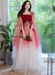 Red Gradient Tulle with Flowers Long Wedding Party Dress, Red Formal Dress