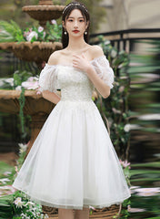 Cute Short Tulle Party Dress with Beadings, White Formal Dress Graduation Dress