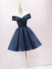 Simple blue off shoulder satin short prom dress blue bridesmaid dress