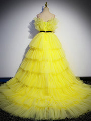 Yellow tulle long prom dress, yellow tulle formal dress