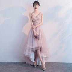 Pink V-neckline High Low Formal Dress, Lace Applique Homecoming Dress