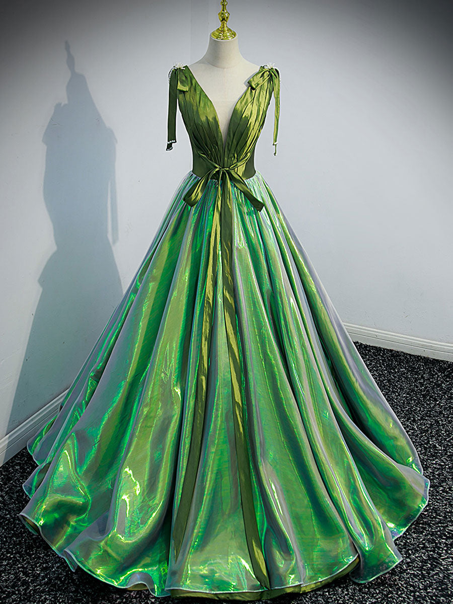 Unique v neck green long prom dress, green formal graduation dress