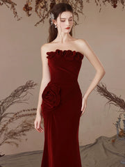 Mermaid Velvet Burgundy Long Prom Dress, Burgundy Long Formal Dress