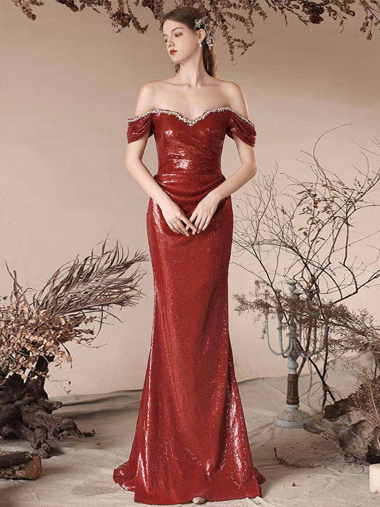 Simple Off Shoulder Sequin Mermaid Burgundy Long Prom Dress, Sequin Long Evening Dress