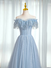 Blue Lace Sweetheart Beaded Off Shoulder Prom Dress, A-line Blue Evening Dress