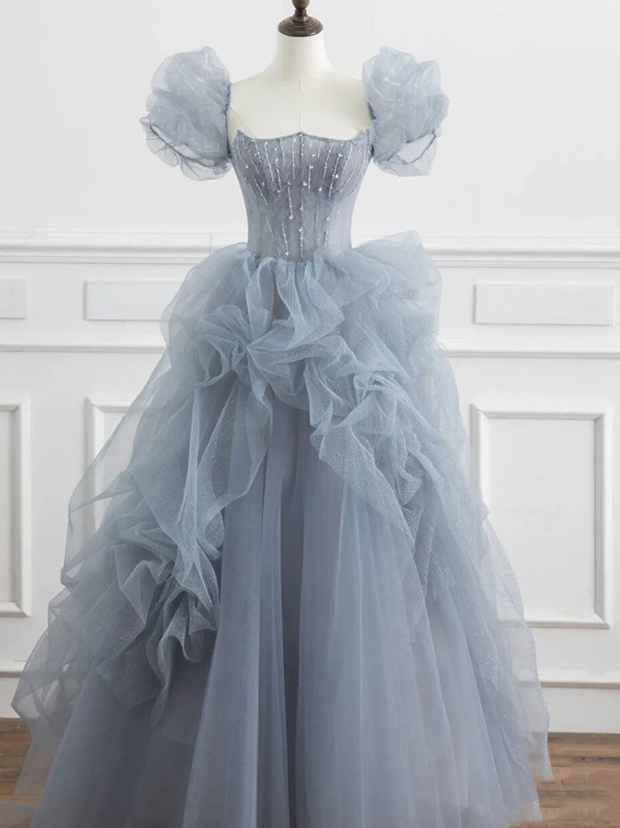 Gray blue beads long prom dress gray tulle formal dress