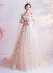 Ivory Sweetheart Off Shoulder Tulle Party Dress, A-line Long Prom Dress