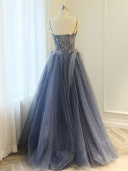 Gray A line lace tulle long prom dress, gray formal evening dress