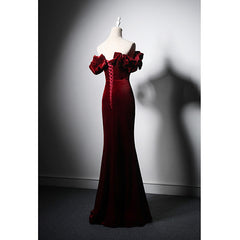 Wine Red Velvet Off Shoulder Mermaid Long Prom Dress, Long Lace-up Evening Dress