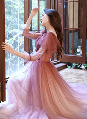 Pink Gradient Tulle A-line Puffy Sleeves Party Dress, Pink Long Prom Dress