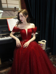 A line tulle sequin long prom dress burgundy tulle formal party dress