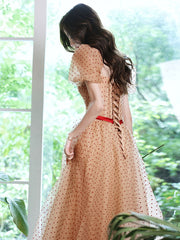 Champagne A line long prom dress sweetheart neck tulle formal evening dress