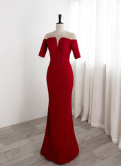 Red Mermaid Round Neckline Short Sleeves Party Dress, Red Evening Gown