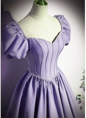 Light Purple Satin Short Sleeves Beaded Party Dress, A-line Long Prom Dress