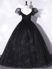 Black tulle long prom dress, black puff sleeves long sweet 16 dress