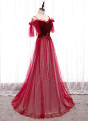 Red A-line Floor Length Off Shoulder Long Prom Dress, Red Long Evening Dress