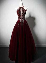 Wine Red Halter Velvet Long Beaded Prom Dress, A-line Velvet Formal Dress