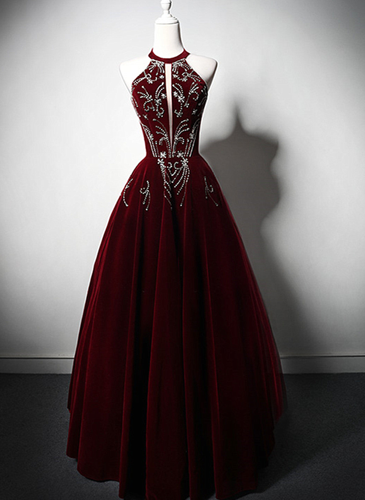 Wine Red Velvet Beaded Halter Long Formal Dress, A-line Velvet Prom Dress