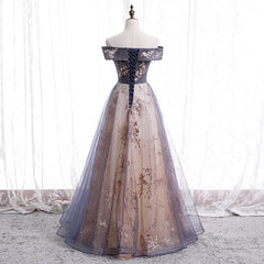 Beautiful Off Shoulder Tulle with Lace Long Evening Gown, Floor Length Prom Dresses