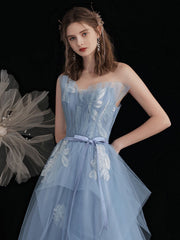 Blue tulle lace long prom dress, blue A line lace evening dress