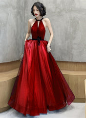 Tulle High Neckline A-line Long Prom Dress, Tulle Blue Evening Dress