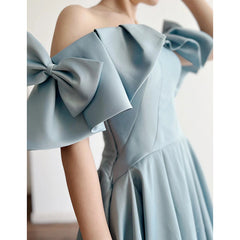 Blue Satin Off Shoulder Long Prom Dress with Bow, A-line Party Dress