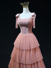 A Line Pink Tulle Long Prom Dresses, Pink Formal Graduation Dresses