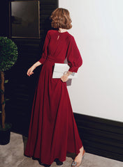 Wine Red Chiffon Long Sleeves Formal Dress, Wine Red Long Prom Dress