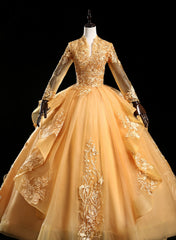 Gold Tulle Long Sleeves Lace Applique Formal Dress, Ball Gown Sweet 16 Dress