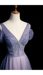Beautiful Beaded V-neckline Long Floor Length, A-line Formal Gown