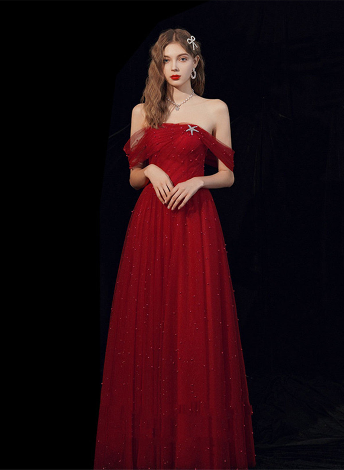 Wine Red Off Shoulder Tulle A-line Evening Dress, Wine Red Tulle Long Prom Dress
