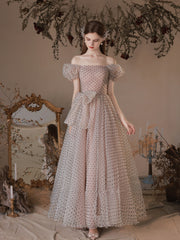 A Line Polka Dot Tulle Tea Length  Pink Prom Dresses, Puff Sleeves Homecoming Dress