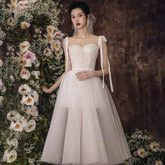 Ivory Tulle Sweetheart Straps Shiny Tea Length Party Dress, Tulle Wedding Party Dress