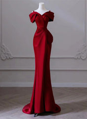 Wine Red Satin Off Shoulder Long Evening Dress, Wine Red Formal Dress Prom Dress