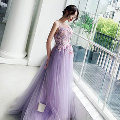 Beautiful Tulle Lavender Straps Prom Dress, A-line Evening Dress