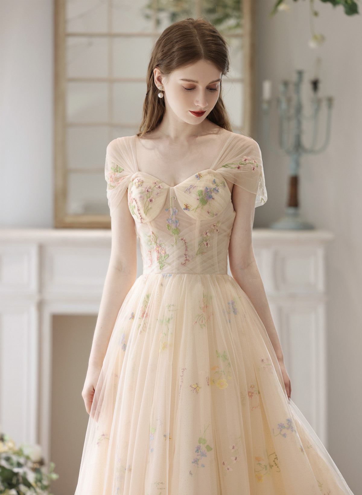 Light Champagne Floral Tulle Off Shoulder Party Dress, A-line Floral Prom Dress