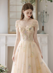 Light Champagne Floral Tulle Off Shoulder Party Dress, A-line Floral Prom Dress