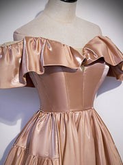 Simple A line satin champagne long prom dress, champagne evening dress