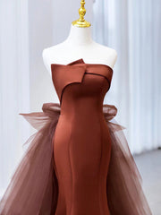 Brown Mermaid Satin Tulle Long Prom Dress, Brown Long Evening Dress