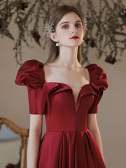 Simple Satin Burgundy Long Prom Dresses, Burgundy Bridesmaid Dresses