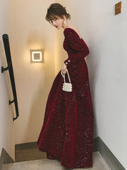 Wine Red Velvet Long Sleeves A-line Party Dress, Wine Red Long Formal Dress