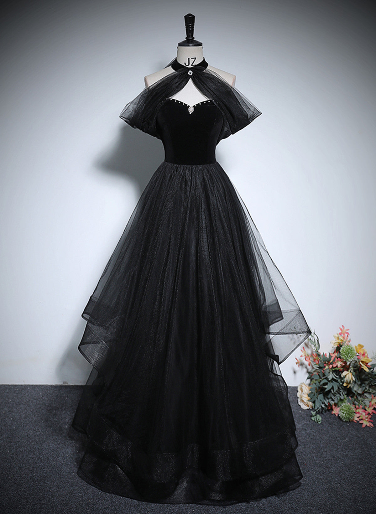 Black Haler Tulle and Velvet Long Prom Dress, Black A-line Tulle Evening Dress