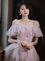 Pink tulle off shoulder short prom dress pink cocktail dress